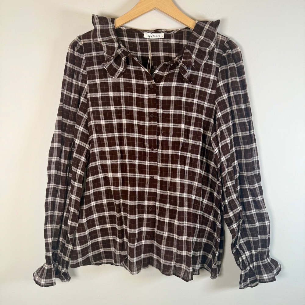 NEW Neuflora Plaid Ruffle Collar Blouse Medium Prairie Cottage 100% Cotton NWT